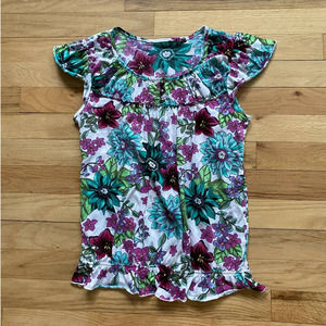 Floral Patterned Green, Blue, and Purple Blouse with Ruffled Sleeves